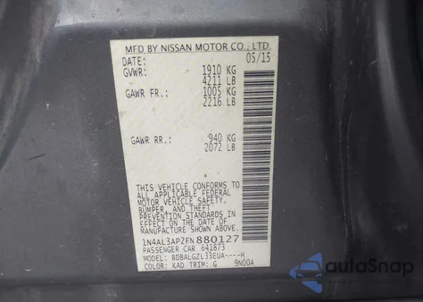 2015 Nissan Altima 2.5 S z USA, uszkodzony, nr VIN 1N4AL3AP2FN880127